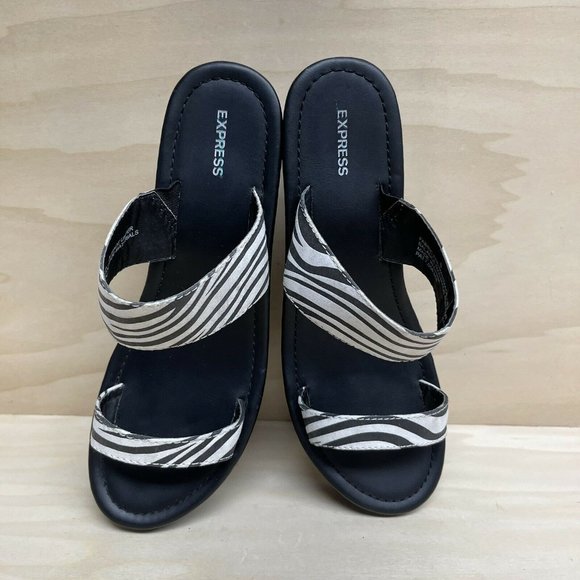 Express Womens Double Strap Slip On Platform Wedge Sandals Black White Sz 8 - Picture 6 of 7